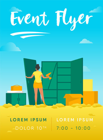 Woman repairing wardrobe with hand drill. Door, wood, assembly flat vector illustration. Furniture and renovation concept for banner, website design or landing web pageのイラスト素材