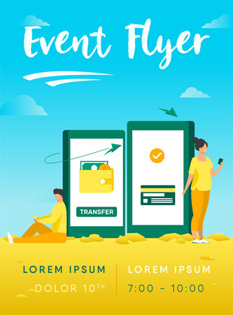 Man transferring money to woman via smartphone. Online, transaction, banking flat vector illustration. Finance and digital technology concept for banner, website design or landing web pageのイラスト素材