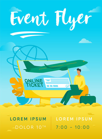 Tiny man buying ticket online via laptop. Monitor, plane, baggage flat vector illustration. Travelling and digital technology concept for banner, website design or landing web pageのイラスト素材