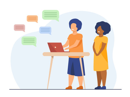 Kids chatting online. Diverse couple of children using computer, texting messages. Flat vector illustration. Communication, childhood concept for banner, website design or landing web pageのイラスト素材