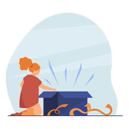 Girl getting shining gift out of box. Present, wrap, child, kid. Flat vector illustration. Birthday surprise, childhood, celebration concept for banner, website design or landing web pageのイラスト素材