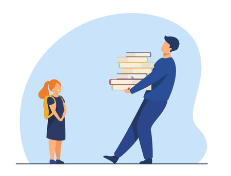 Teacher giving knowledge to student or pupil. Dad carrying heavy books to daughter. Flat vector illustration. Education, studying, learning concept for banner, website design or landing web page