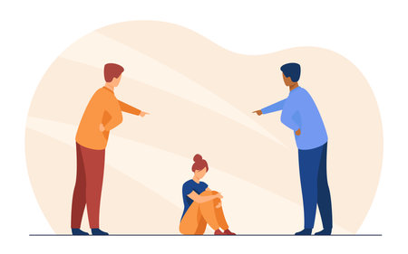 Men bullying depressed woman. Shaming victim, abuser, aggression. Flat vector illustration. Social problem, pressure, violence concept for banner, website design or landing web pageのイラスト素材