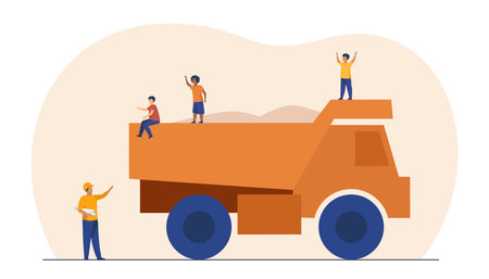 Kids playing on construction truck. Dumper, danger, careless children. Flat vector illustration. Building site, childhood, hazard concept for banner, website design or landing web pageのイラスト素材