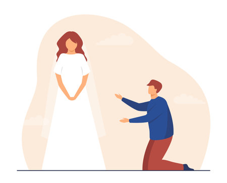 Man on his knees at girl wearing wedding dress. Bride, worship, tailor, groom. Flat vector illustration. Wedding party, relationship concept for banner, website design or landing web pageのイラスト素材