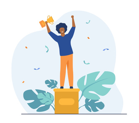 Smart guy getting award. Winner standing on pedestal, holding golden cup. Flat vector illustration. Winning, success, achievement concept for banner, website design or landing web pageのイラスト素材