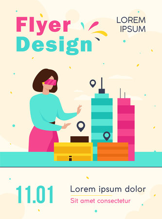 Woman modeling 3d office buildings on table flat vector illustration. Cartoon architect engineer wearing digital glasses of virtual reality. Construction and architecture conceptのイラスト素材