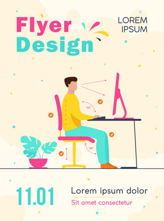 Instruction for correct pose during office work flat vector illustration. Cartoon worker sitting at desk with right posture for healthy back and looking at computer. Health and ergonomics conceptのイラスト素材