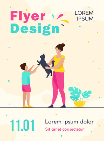 Mom and son adopting pet. Mother giving cat to kid flat vector illustration. Animals care, pet adoption concept for banner, website design or landing web pageのイラスト素材