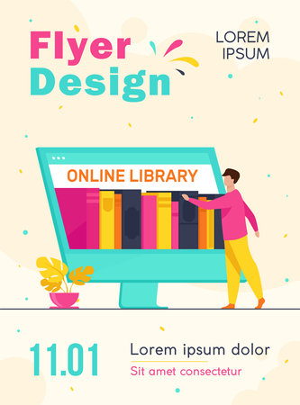 Tiny man choosing book in online library. Screen, internet, network flat vector illustration. Digital technology and education concept for banner, website design or landing web pageのイラスト素材