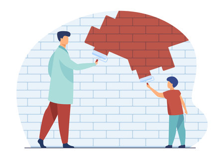 Dad and kid painting wall. Father and son renovating or decorating apartment. Flat vector illustration. Family, parenthood, renovation concept for banner, website design or landing web pageのイラスト素材