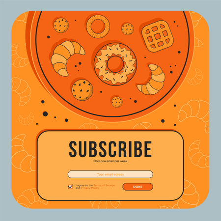 Newsletter design with baking. Pastry, donut, croissants on tray vector illustration with subscribe button, box for email address Street bakery concept for subscription letter designのイラスト素材