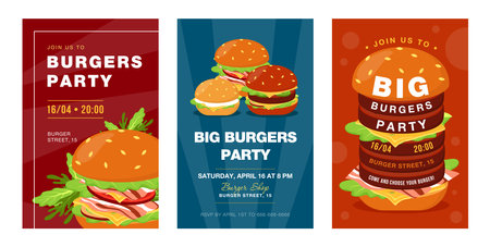 Trendy big burgers party invitation designs. Creative fast food festival invitations with tasty junk food. Unhealthy meal and nutrition concept. Template for leaflet, banner or flyerのイラスト素材