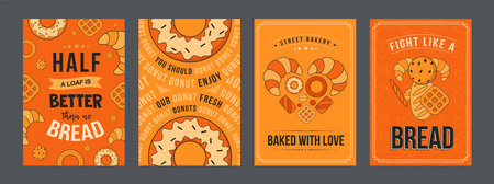 Baking posters set. Donuts, croissants, cookies vector illustrations with text on orange background. Bakery, food or pastry concept for flyers and brochures design