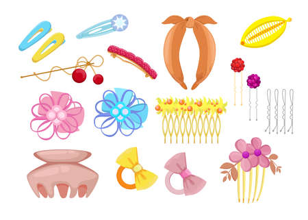Stylish hair accessories flat illustration set. Cartoon different head bands, plastic clips and hoops with flowers isolated vector illustration collection. Fashion and hairstyle conceptのイラスト素材