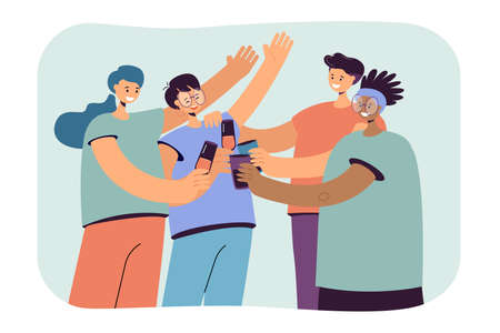 Happy diverse friends hanging out together, gathering for party, having fun, drinking alcohol, toasting cocktails, celebrating festive event. Cheers, friendship, entertainment vector illustrationのイラスト素材