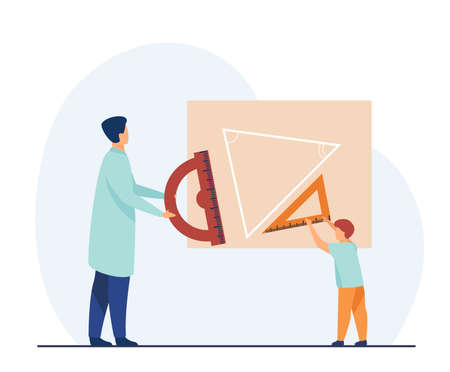 Boy studying geometry. Pupil with ruler and teacher with angle protractor measuring triangle on board. Flat vector illustration. Education concept for banner, website design or landing web pageのイラスト素材