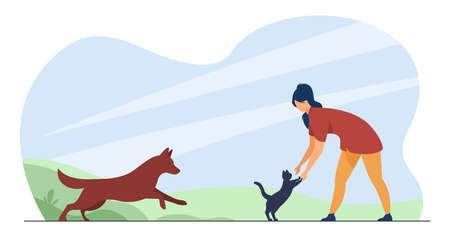 Woman playing with pets outside. Cat and dog running to owner. Flat vector illustration. Domestic animal care, outdoor activity, lifestyle concept for banner, website design or landing web pageのイラスト素材