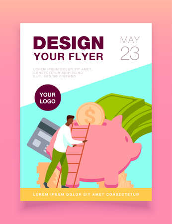 Bank customer saving money. Man with credit card, heap of cash and piggy bank flat vector illustration. Finance, banking, deposit concept for banner, website design or landing web pageのイラスト素材