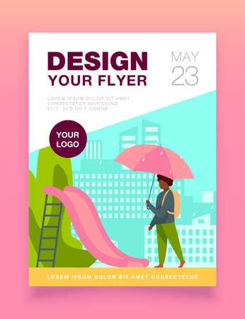 African American boy walking with umbrella on playground. Backpack, slide, cityscape flat vector illustration. Weather and childhood concept for banner, website design or landing web pageのイラスト素材