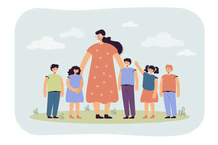 Female teacher and kids walking outdoors. Woman watching group of school children on grass. Vector illustration for pedagogy, education, daycare conceptのイラスト素材