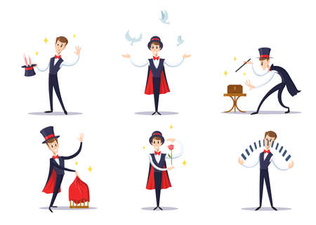 Cartoon magician set. Circus showman wearing top hat and cape, conjurer doing tricks. Vector illustration for show, fair, illusion, imagination conceptのイラスト素材