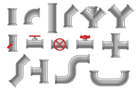 Collection of metal pipes. Gray steel pipelines, plastic tubes, valves and flanges, water drains isolated on white. Vector illustrations for plumbing, engineering, connection system conceptのイラスト素材