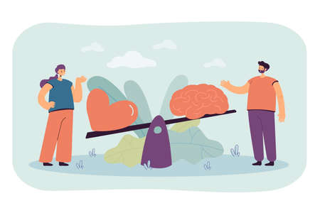 Two people comparing logic and love with seesaw isolated flat vector illustration. Cartoon creative scene with brain vs heart. Emotional instincts or intuition and logic balance conceptのイラスト素材
