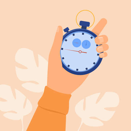Human hand holding stopwatch. Arrow, clock, meter flat vector illustration. Measurement and time management concept for banner, website design or landing web pageのイラスト素材