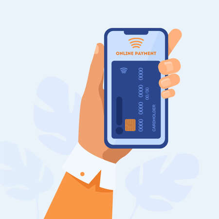 Hand holding smartphone and paying online. Mobile phone, card, transaction flat vector illustration. Payment and digital technology concept for banner, website design or landing web pageのイラスト素材
