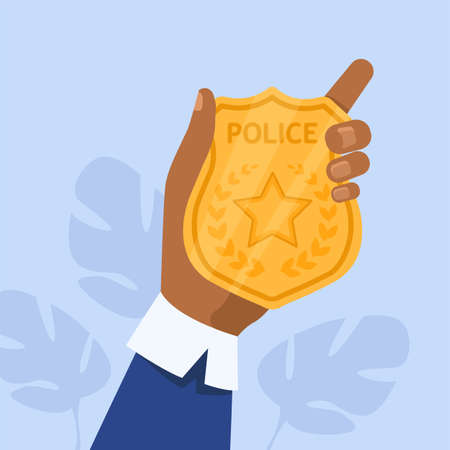 Male hand holding golden police badge. Protection, guardian, star flat vector illustration. Justice and law concept for banner, website design or landing web pageのイラスト素材