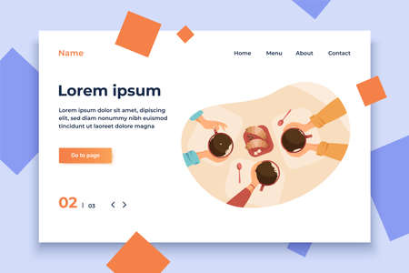 People drinking coffee in coffee shop. Human hands holding ceramic mugs, table, bakery. Vector illustration for refreshment, break, morning conceptのイラスト素材