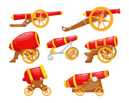 Cartoon red cannons set. Vintage weapon on wooden racks and golden wheels for medieval army firing battle. Vector illustration for history, pirate ships, circus show conceptのイラスト素材