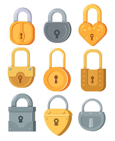 Metal padlocks of different forms flat illustration set. Cartoon lock for safety and security with secure mechanism isolated vector illustration collection. Encryption and protection conceptのイラスト素材