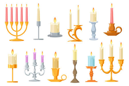 Vintage candles in candlesticks flat set. Cartoon retro elegant candle holders and candelabra isolated on white background vector illustration collection. Victorian interior accessories conceptのイラスト素材