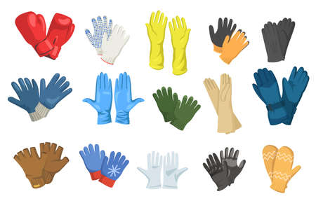 Variety of gloves flat pictures set for web design. Cartoon knitting mitts, mittens, protective and boxing gloves isolated vector illustration collection. Hands protection and winter clothes conceptのイラスト素材