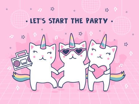Cover design with unicorn cats. Cute dancing baby caticorns with rainbow tails vector illustrations with text on pink backgrounds. Party and fun concept for poster, website or webpage backgroundのイラスト素材