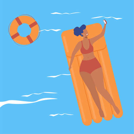 Happy woman floating with air raft in sea, taking selfie. Tourists taking tan, sunbathing. Flat vector illustration. Holidays, leisure on beach concept for banner, website design or landing web pageのイラスト素材