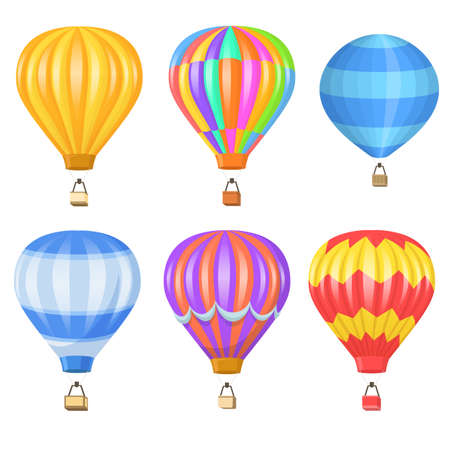 Bright colorful air balloon flat pictures set. Cartoon flying baskets and balloons with hot air isolated vector illustration collection. Flight in sky and summer entertainment conceptのイラスト素材