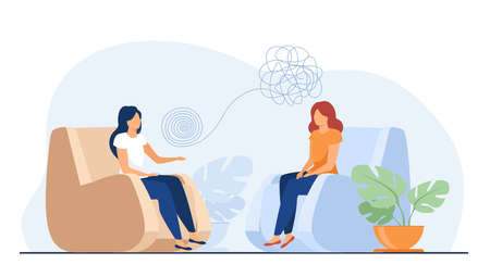 Woman sitting in armchair and talking with psychologist. Thought, therapy, mind flat vector illustration. Mental health and psychology concept for banner, website design or landing web pageのイラスト素材