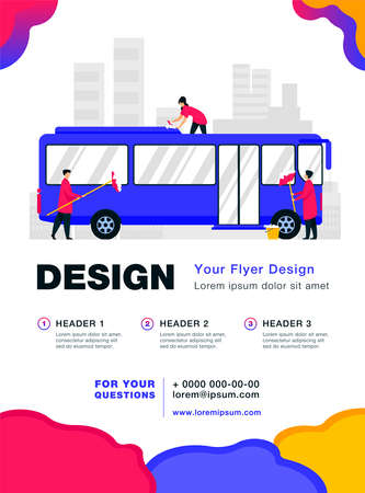 Workers cleaning and washing bus. Vehicle, detergent, work flat vector illustration. Service and public transport concept for banner, website design or landing web pageのイラスト素材