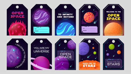 Open space tags set. Planets, orbits, stars, asteroids, comets vector illustrations with text. Science fiction club, universe, galaxy, cosmos concept for flyers and labels designのイラスト素材