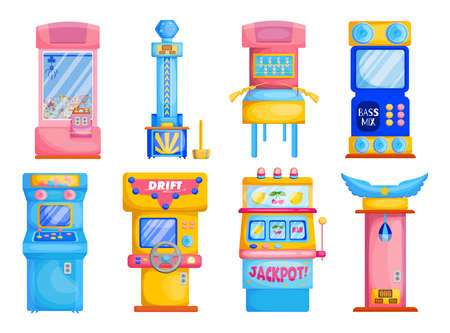 Colorful game machines flat set for web design. Cartoon attraction park devices with slots or soft toys isolated vector illustration collection. Gambling and entertainment conceptのイラスト素材