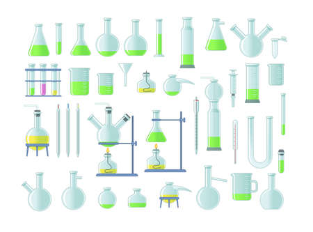 Lab chemical tubes set. Glass beaker, tubes and bottles, tools for laboratory experiment, flasks in holder, burner. Vector illustration for chemistry, medical research, science conceptのイラスト素材