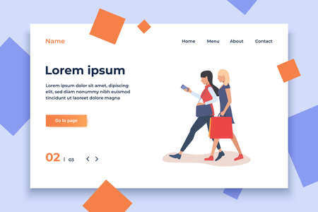 Women walking and shopping. Friends, purchase, walking. Women friendship concept. Vector illustration for website, landing page, online storeのイラスト素材