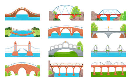 Modern and traditional bridges set. City and countryside crossovers, arch constructions over rivers or landscapes, aqueducts. Vector illustrations for architecture, transportation, engineering conceptのイラスト素材