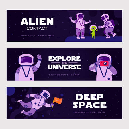 Creative banner designs with funny cosmonauts. Vivid brochures with astronaut and alien characters. Galaxy adventure and universe concept. Template for poster, promotion or web designのイラスト素材