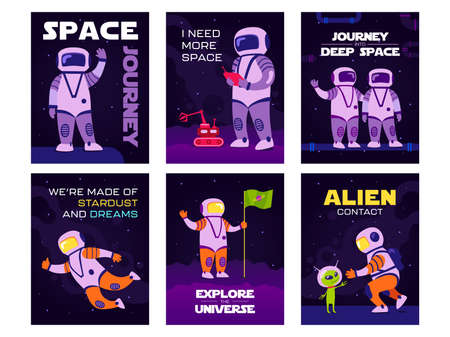 Bright greeting card designs with happy cosmos explorers. Colored astronauts exploring open space. Galaxy adventure and universe concept. Template for promotional leaflet or flyerのイラスト素材