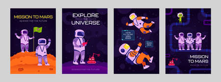 Trendy poster designs with astronauts. Vivid brochures with happy cosmonauts working in cosmos on bright background. Galaxy adventure and universe concept. Template for promotional leaflet or flyerのイラスト素材