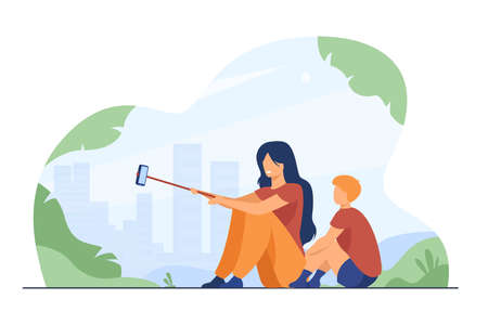 Happy woman taking selfie with little boy. Stick, park, leisure flat vector illustration. Nature and weekend concept for banner, website design or landing web pageのイラスト素材